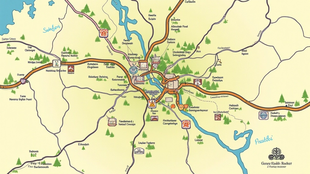 Žemėlapis su žymėtomis parkų vietomis, kelių ir susisiekimo informacija