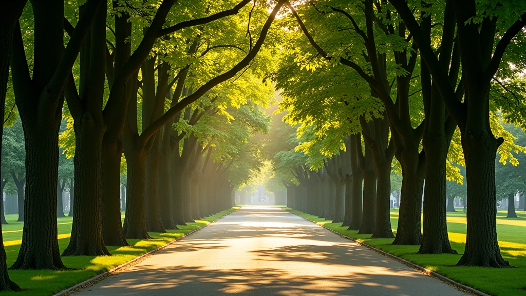 Senovinės dvaro alėjos su žaliais medžiais ir ramia atmosfera, saulės šešėlyje
