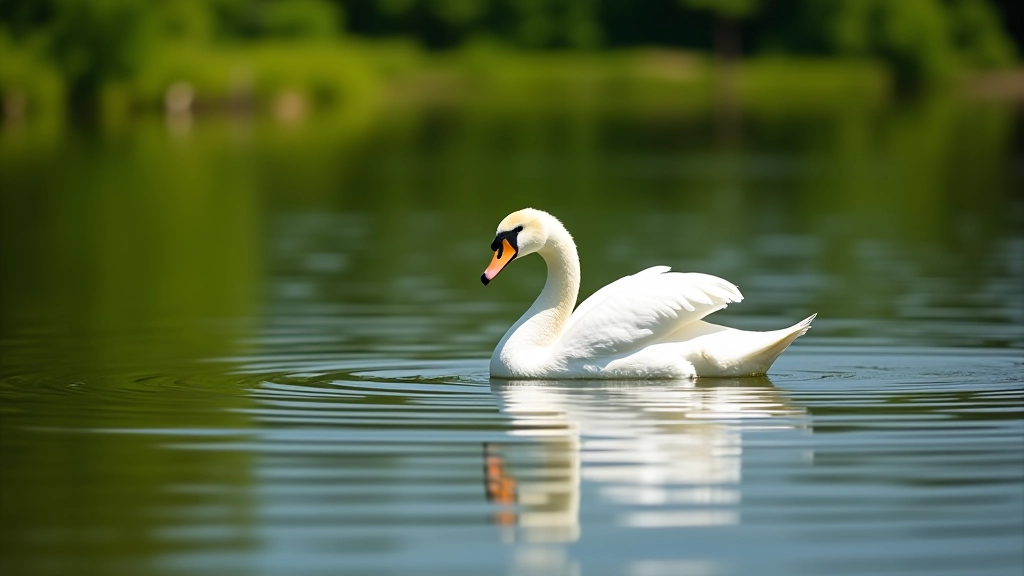 Balta gulbė plaukianti ežere, žalios pakrantės, saulėtas oras, gražus gamtos vaizdas